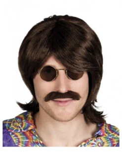 Perruque Marron Homme Avec Moustache Années 60-70 Adulte